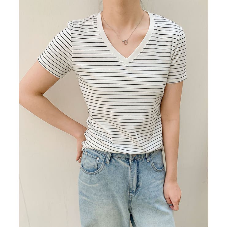 Vネック細ボーダーTシャツ | aimoha  | 詳細画像8 