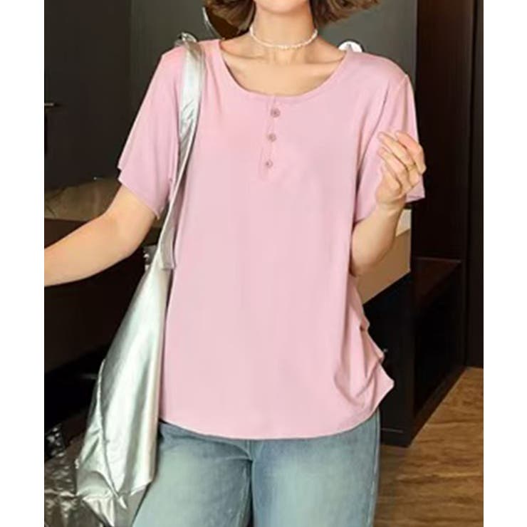 ピンク | ヘンリーネック半袖Tシャツ | aimoha 