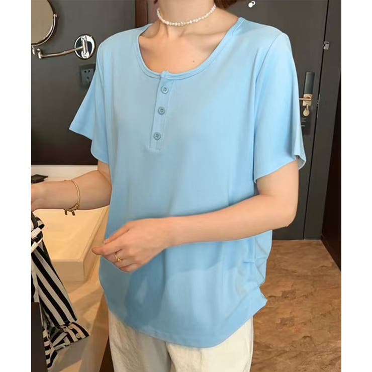 ブルー | ヘンリーネック半袖Tシャツ | aimoha 