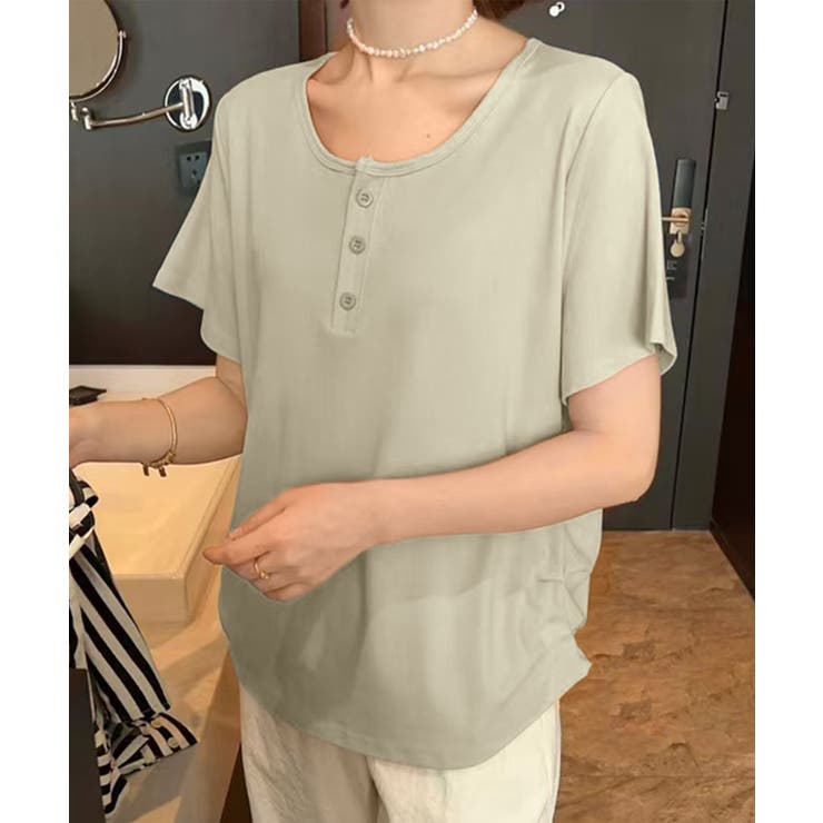 ベージュ | ヘンリーネック半袖Tシャツ | aimoha 