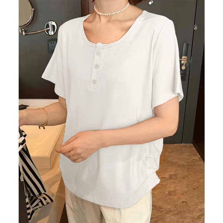 ホワイト | ヘンリーネック半袖Tシャツ | aimoha 