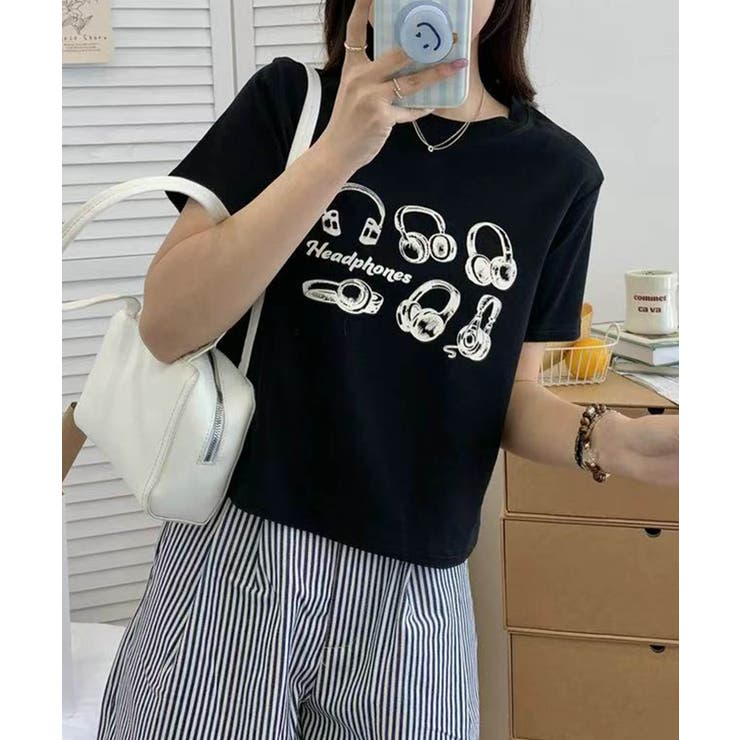 ブラック | ヘッドホン柄プリントTシャツ | aimoha 