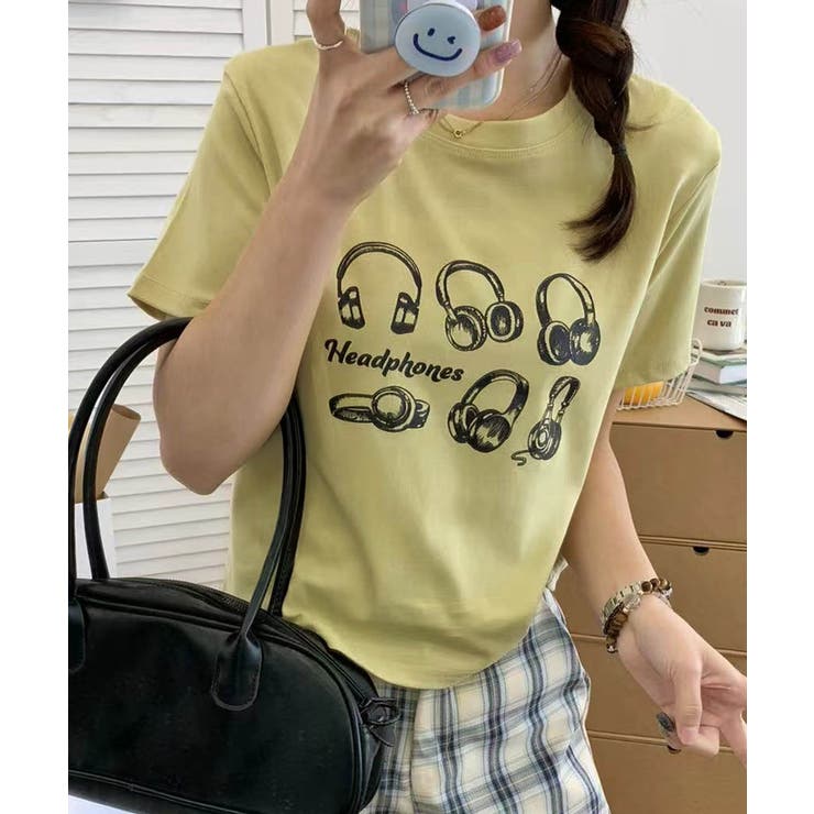 イエロー | ヘッドホン柄プリントTシャツ | aimoha 