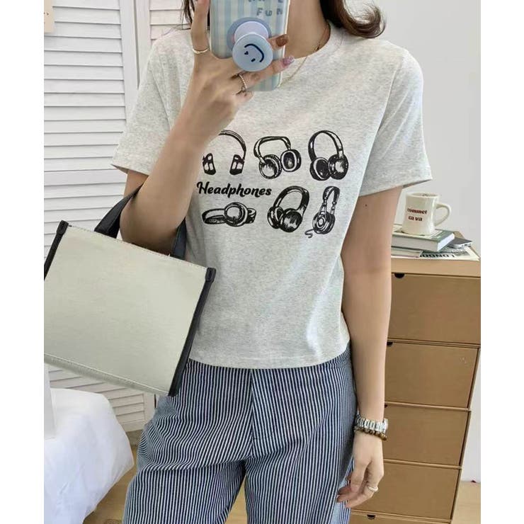 ライトグレー | ヘッドホン柄プリントTシャツ | aimoha 