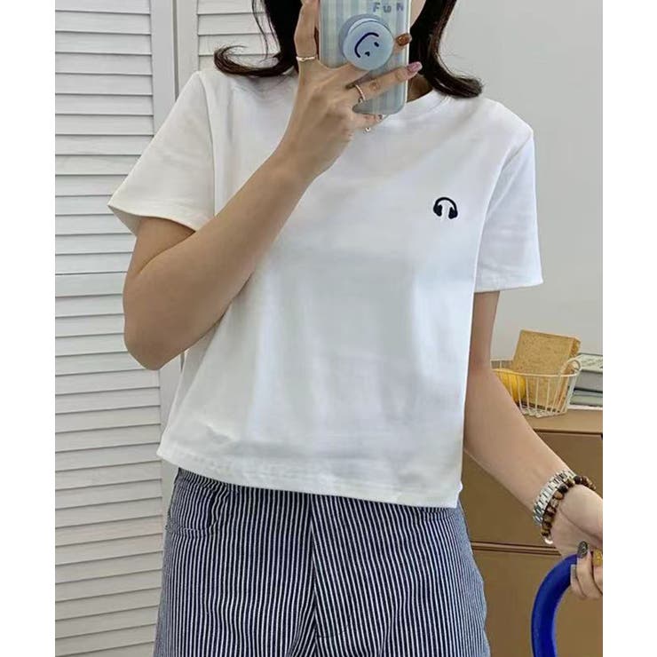 ホワイト | ワンポイントヘッドホン刺繍入りベーシックTシャツ | aimoha 