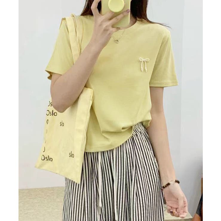 イエロー | ミニリボンパールTシャツ | aimoha 