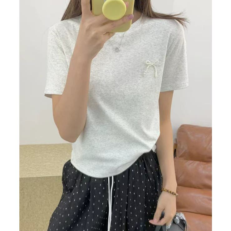 ライトグレー | ミニリボンパールTシャツ | aimoha 