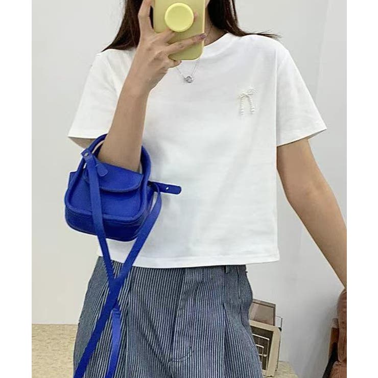 ホワイト | ミニリボンパールTシャツ | aimoha 