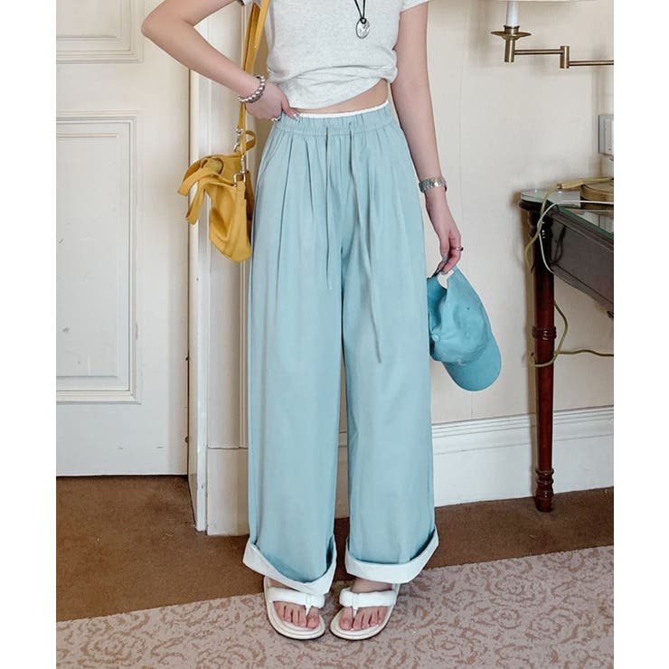 ブルー | 折り返し配色ヘムイージーワイドパンツ | aimoha 