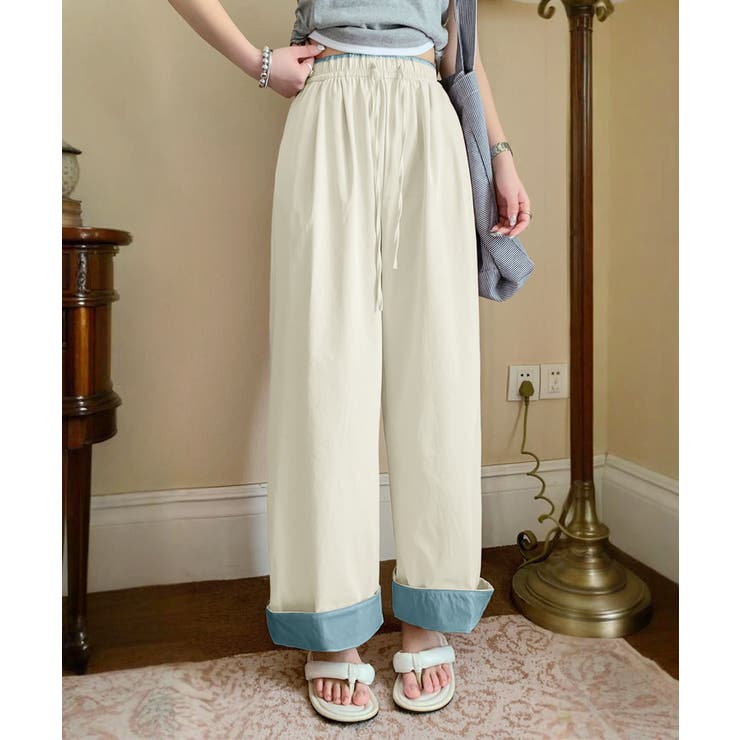ライトベージュ | 折り返し配色ヘムイージーワイドパンツ | aimoha 