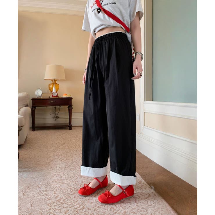 ブラック | 折り返し配色ヘムイージーワイドパンツ | aimoha 