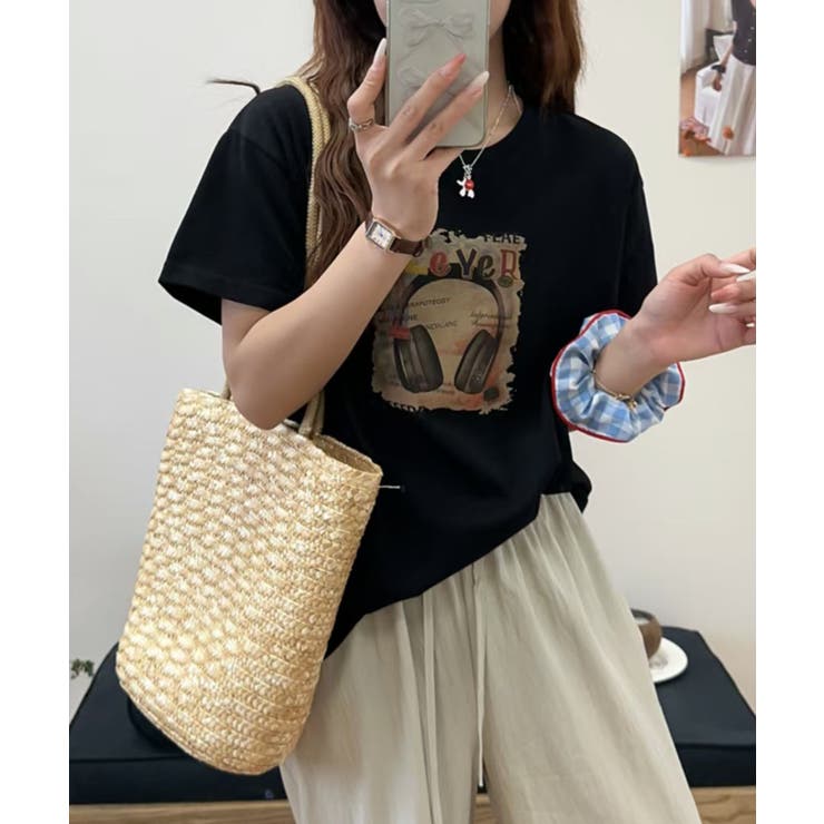 ブラック | ヘッドホンプリントTシャツ | aimoha 