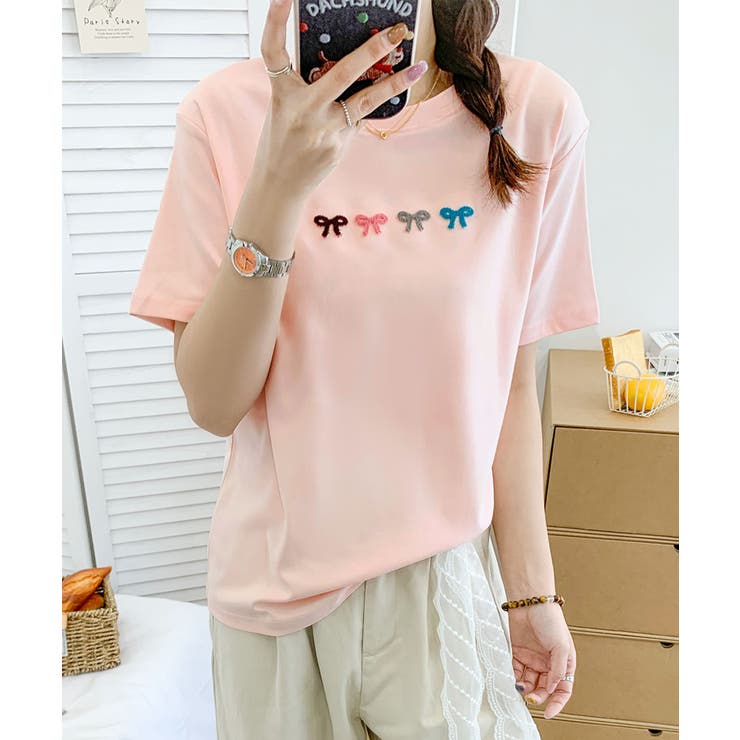ピンク | マルチカラーリボン刺繍Tシャツ | aimoha 