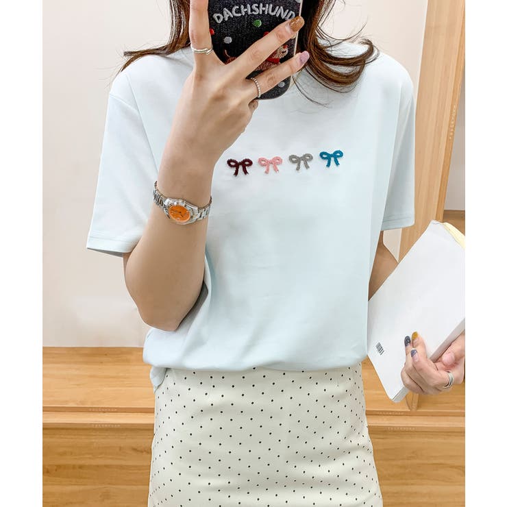 ブルー | マルチカラーリボン刺繍Tシャツ | aimoha 