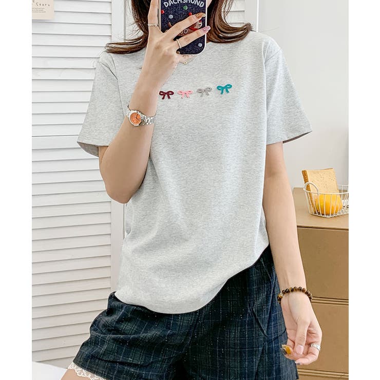 ライトグレー | マルチカラーリボン刺繍Tシャツ | aimoha 