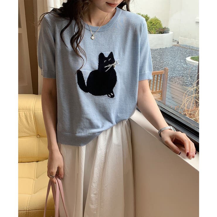 黒猫モチーフ刺繍ニットTシャツ | aimoha  | 詳細画像13 