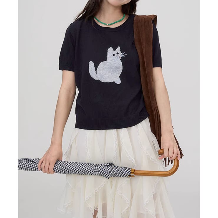 黒猫モチーフ刺繍ニットTシャツ | aimoha  | 詳細画像18 