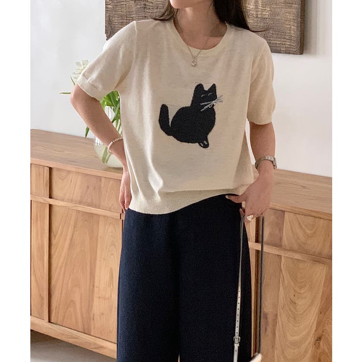 黒猫モチーフ刺繍ニットTシャツ | aimoha  | 詳細画像29 