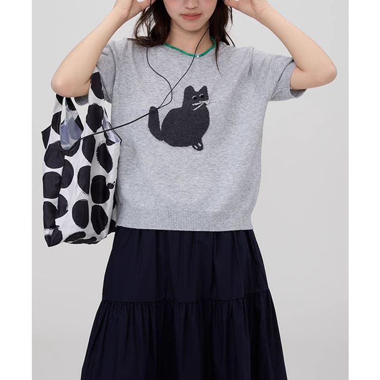 黒猫モチーフ刺繍ニットTシャツ[品番：XT000014542]｜aimoha
