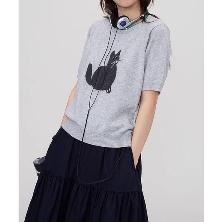 黒猫モチーフ刺繍ニットTシャツ[品番：XT000014542]｜aimoha