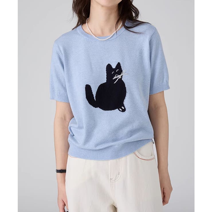 ブルー | 黒猫モチーフ刺繍ニットTシャツ | aimoha 