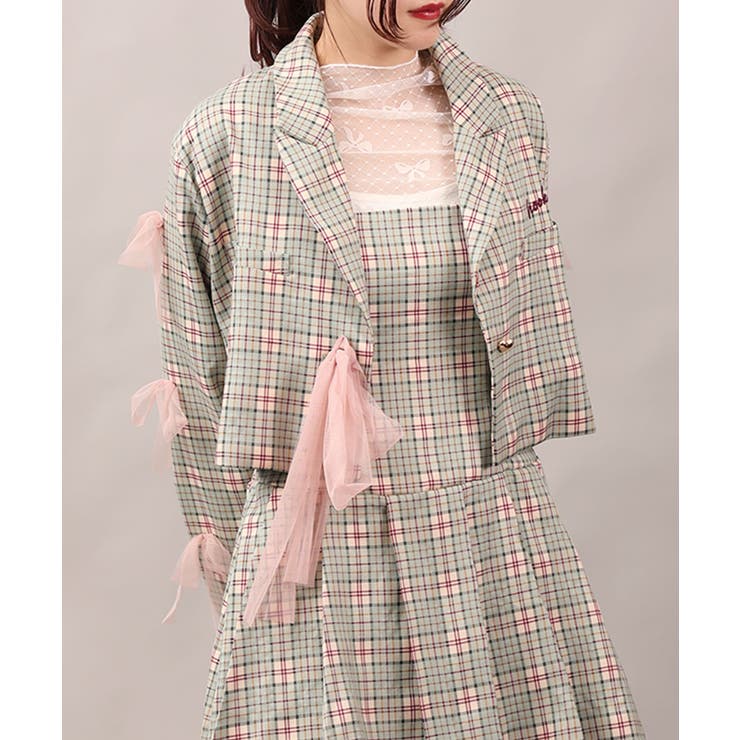 for girls リボン柄ダイヤチェックドットハイネックシアー
