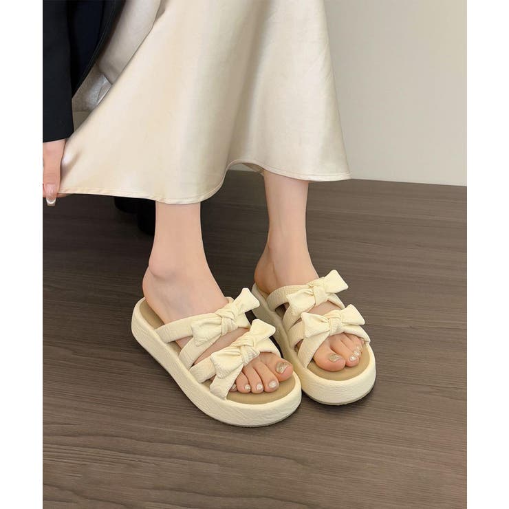 オフホワイト | カラフルリボン厚底サンダル | aimoha 