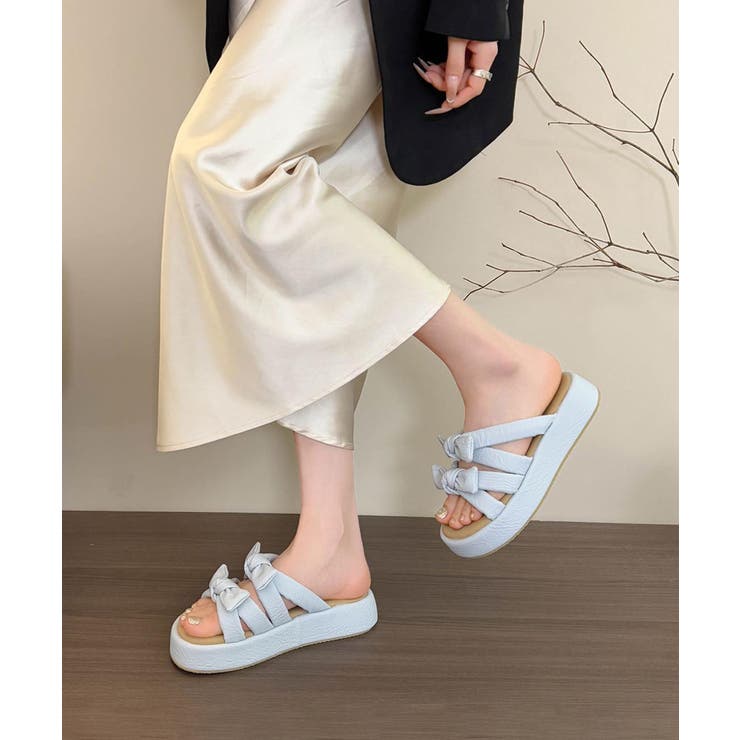 ブルー | カラフルリボン厚底サンダル | aimoha 