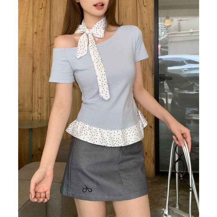 ブルー | ワンショルダードット柄フリルトップス Jasmine Grandiflorum | aimoha 