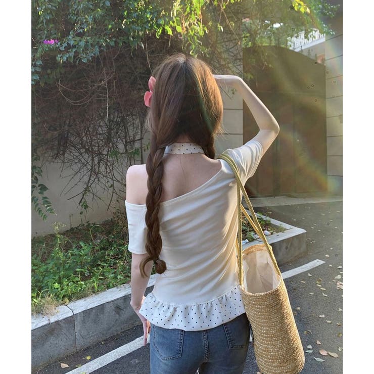 ワンショルダードット柄フリルトップス Jasmine Grandiflorum | aimoha  | 詳細画像5 