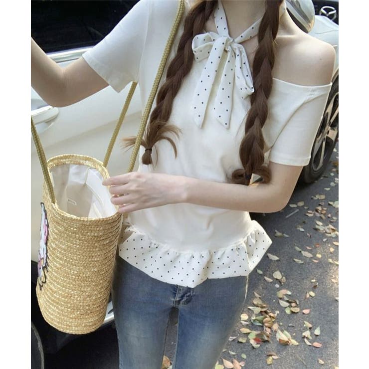 アイボリー | ワンショルダードット柄フリルトップス Jasmine Grandiflorum | aimoha 