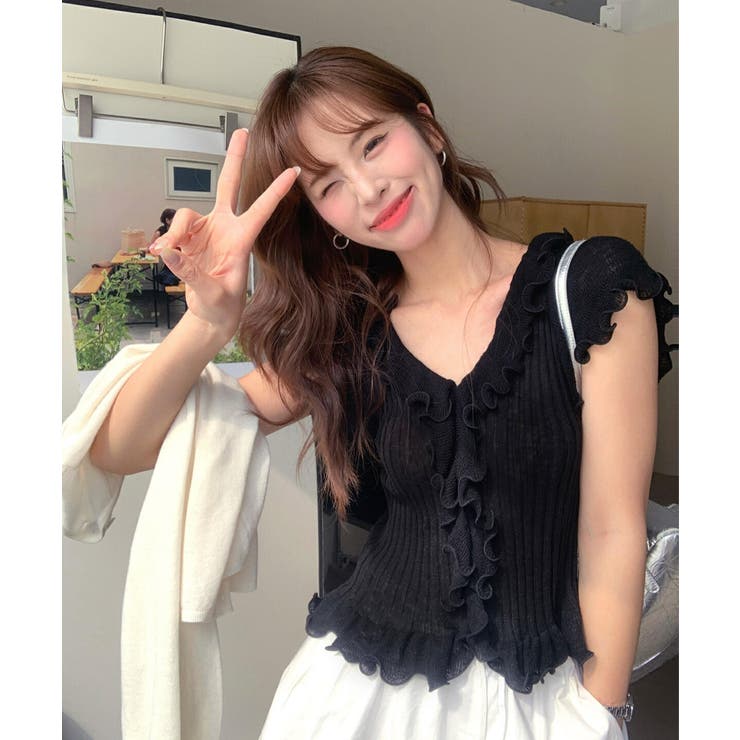 ブラック | 【Jasmine】ラッフルサマーニットカーディガン Jasmine Grandi… | aimoha 