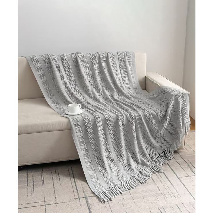 グレー | ボヘミアン風フリンジニットブランケット | aimoha 