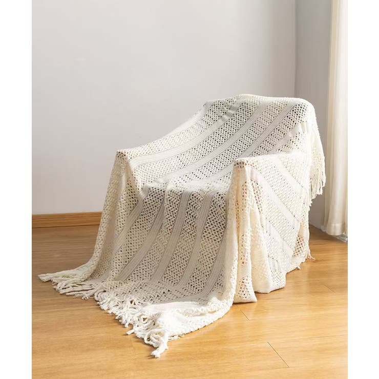 ホワイト | ボヘミアン風フリンジニットブランケット | aimoha 