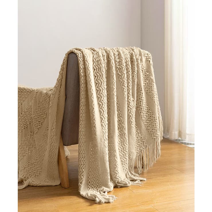ベージュ | ボヘミアン風フリンジニットブランケット | aimoha 