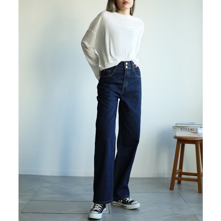 2ボタンハイウエストストレートワイドデニムパンツ 全5色 韓国