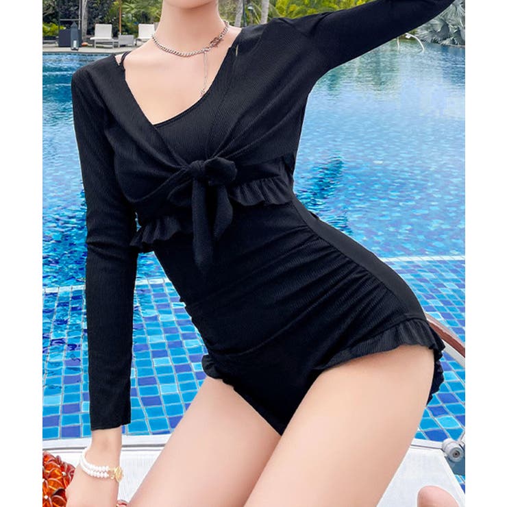 ブラック | BORA AURA 2点セットフリル体型カバーワンピース水着 | aimoha 