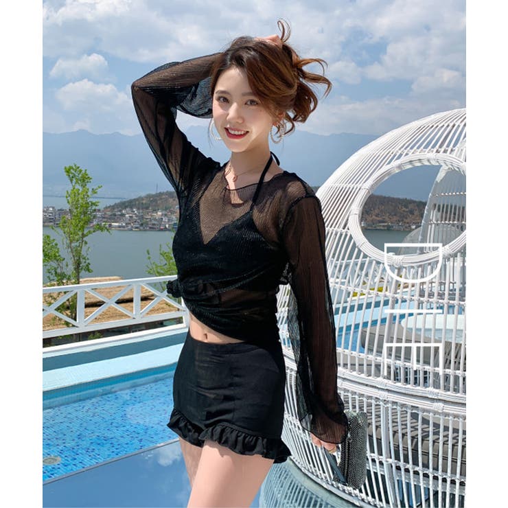 3点セット ビキニ シアーカバーアップ フリル ショートパンツ TeddyShop 水着 体型カバー ビキニ ショートパンツ 3点セット
