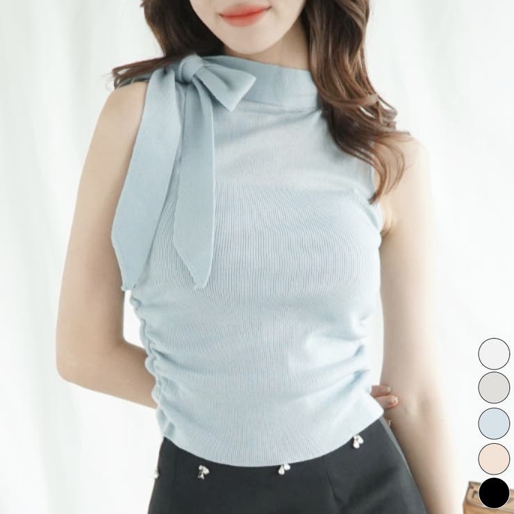 tシャツ 「ELOOPS」リボンデザイン ノースリーブニットトップス レディース Sibra tシャツ フロントリボンニットトップス レディース