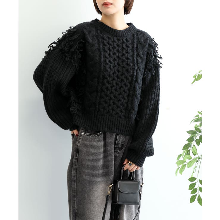 ブラック | モヘアタッチループフリンジ使いニット  | aimoha 