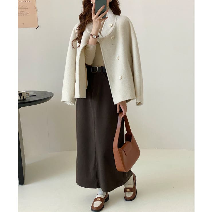 アシンメトリーダブルスタンドカラーショートコート[品番：XT000014876