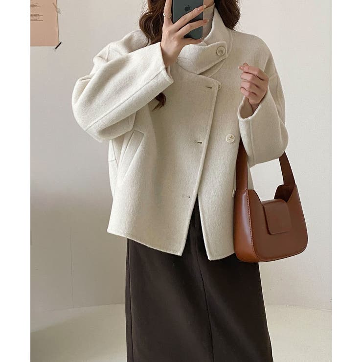 アシンメトリーダブルスタンドカラーショートコート[品番：XT000014876