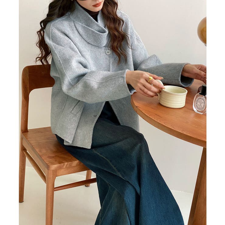 アシンメトリーダブルスタンドカラーショートコート[品番：XT000014876