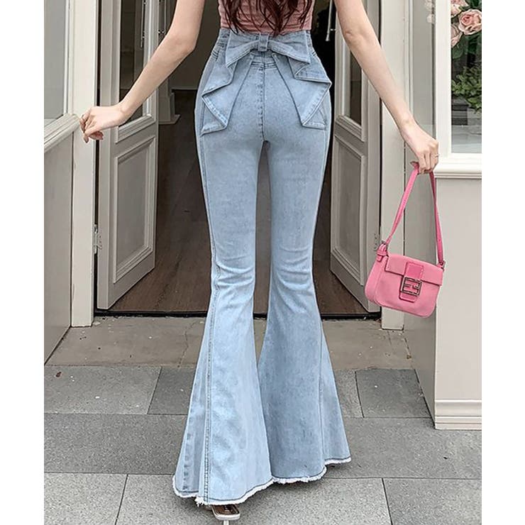 ライトブルー | 【Jasmine】バックリボンベルボトムデニムパンツ | aimoha 