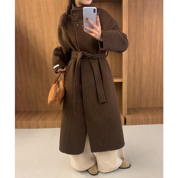 BANICO】スタンドカラー ベルト付きウールロングコート[品番