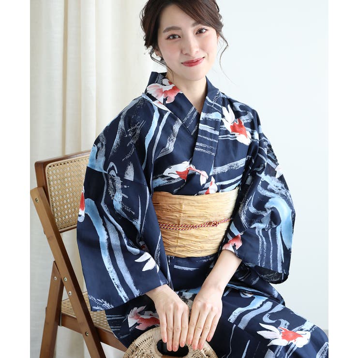 きものやまと・花柄浴衣・帯・下駄・髪飾りセット aimoha 浴衣 花模様コットン浴衣4点セット ゆかた・へこ帯・下駄