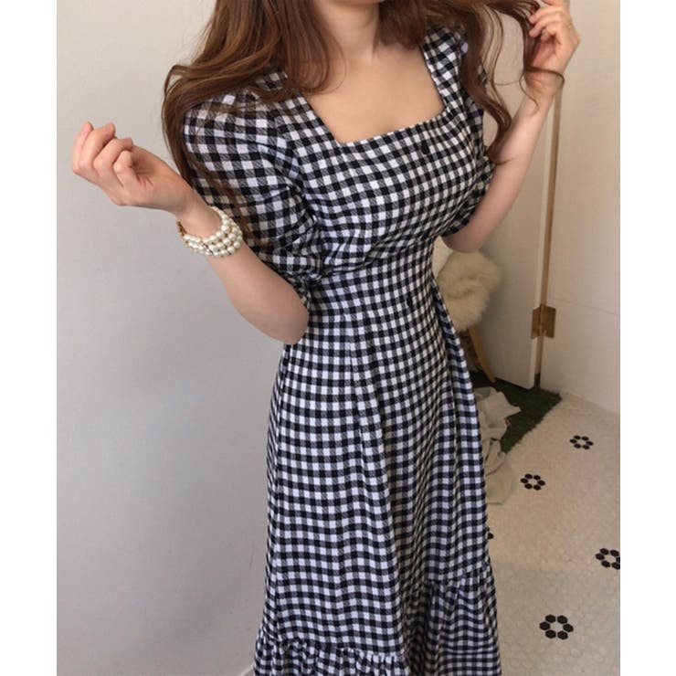 ギンガムチェックスクエアネックロングワンピース 韓国ファッション