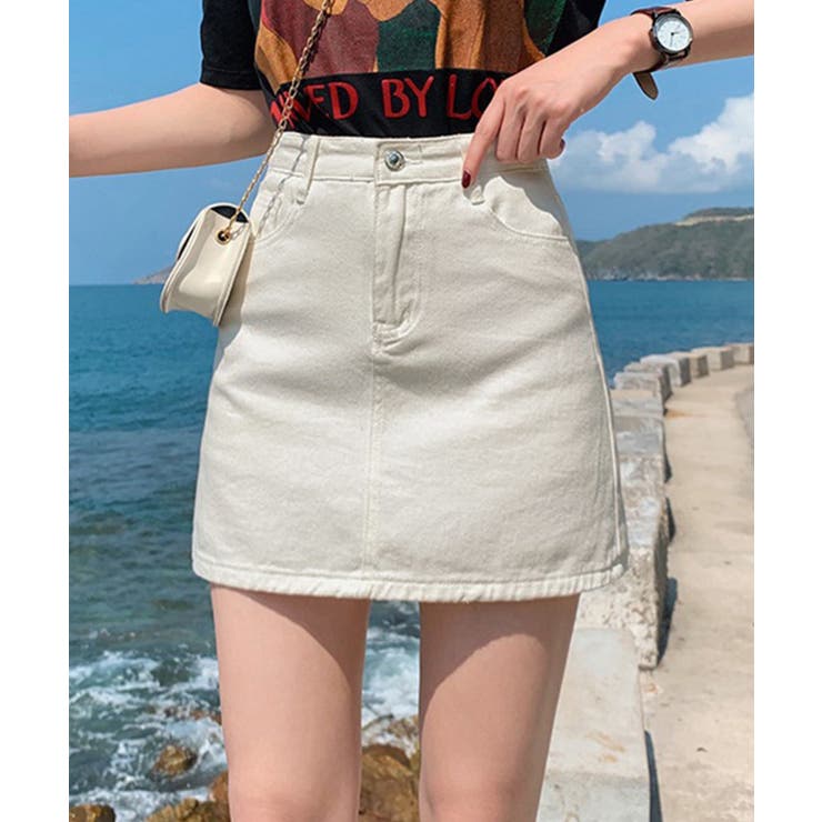 ベージュ | 在庫限り【Jasmine】ハイウエストシンプルAラインデニムミニスカート 韓国フ… | aimoha 