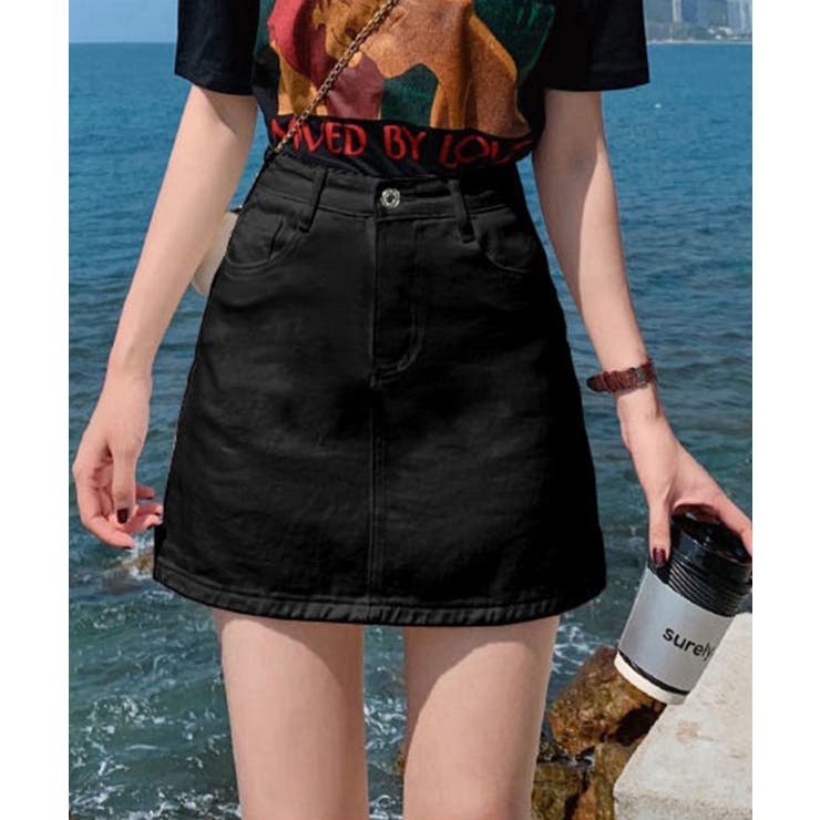 ブラック | 在庫限り【Jasmine】ハイウエストシンプルAラインデニムミニスカート 韓国フ… | aimoha 