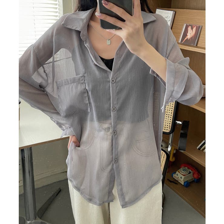 シアーシャツ シアー素材涼しげシースルー長袖シャツ 韓国ファッション